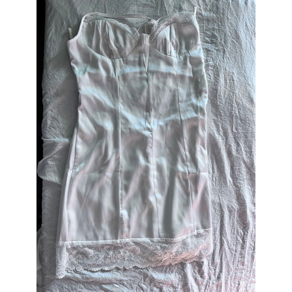 SHEINBAE Lace Trim Slip Dress White Satin Mini Babydoll Sexy Nightie M‎